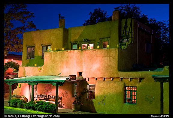 House in Spanish pueblo revival style by night. Santa Fe, New Mexico, USA (color)