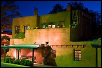 House in Spanish pueblo revival style by night. Santa Fe, New Mexico, USA (color)