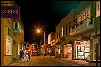 Street with galleries, people walking, and cathedral by night. Santa Fe, New Mexico, USA ( color)