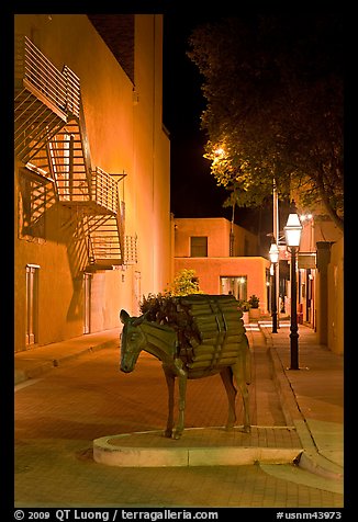 Street with sculpture by night. Santa Fe, New Mexico, USA