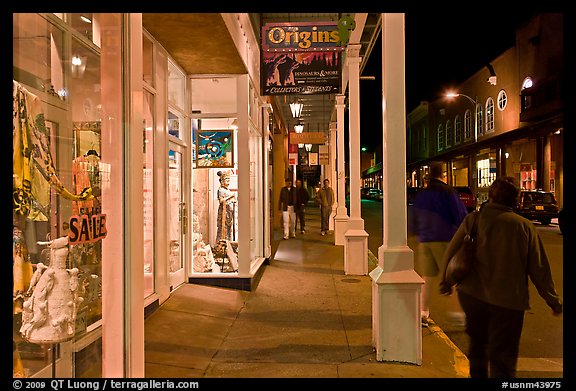 Galleries and sidewak by night. Santa Fe, New Mexico, USA (color)