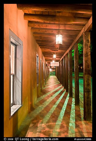 Gallery bordering Sena Plazza by night. Santa Fe, New Mexico, USA