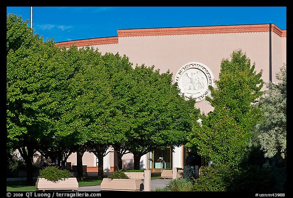 New Mexico State Capitol East entrance and trees. Santa Fe, New Mexico, USA