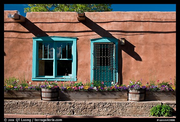 Adobe facade with flowers, windows, and vigas shadows. Santa Fe, New Mexico, USA (color)