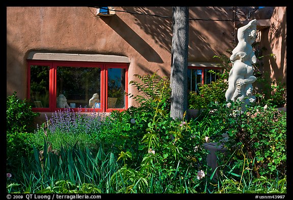 Front yard with sculpture, Canyon Road. Santa Fe, New Mexico, USA (color)
