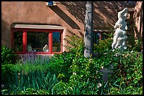 Front yard with sculpture, Canyon Road. Santa Fe, New Mexico, USA (color)