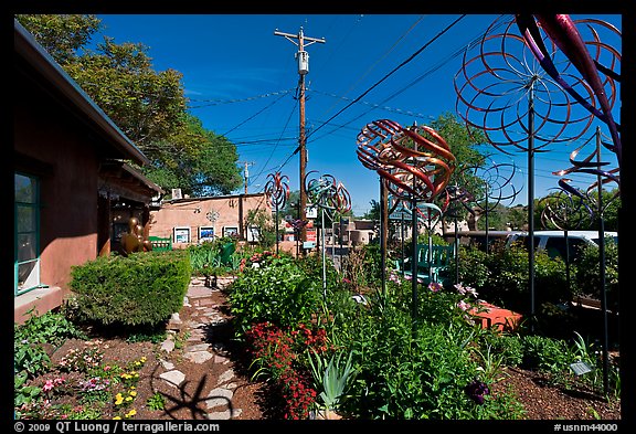 Gallery front yard with contemporary sculptures. Santa Fe, New Mexico, USA (color)