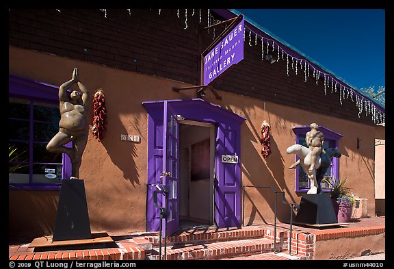 Art gallery with ristras and sculptures. Santa Fe, New Mexico, USA (color)