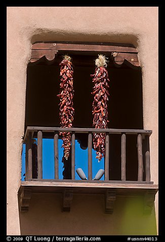 Ristras hanging from tower. Santa Fe, New Mexico, USA