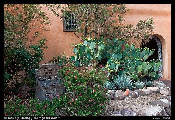 Desert plants and inscription, Church San Felipe de Neri. Albuquerque, New Mexico, USA (color)