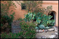 Desert plants and inscription, Church San Felipe de Neri. Albuquerque, New Mexico, USA