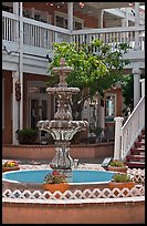 Fountain and white guardrails, old town. Albuquerque, New Mexico, USA