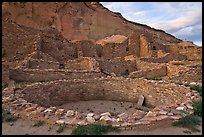 Kiva and multi-storied roomblocks, Pueblo Bonito. Chaco Culture National Historic Park, New Mexico, USA (color)