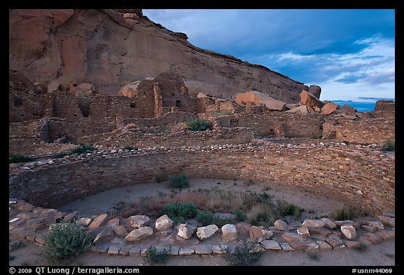 Pueblo Bonito at the foot of Chaco Canyon northern rim. Chaco Culture National Historic Park, New Mexico, USA