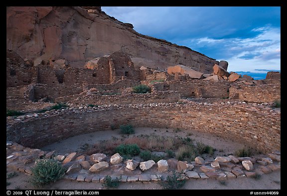 Pueblo Bonito at the foot of Chaco Canyon northern rim. Chaco Culture National Historic Park, New Mexico, USA (color)