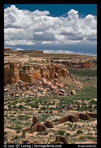 Chetro Ketl and cliffs. Chaco Culture National Historic Park, New Mexico, USA (color)