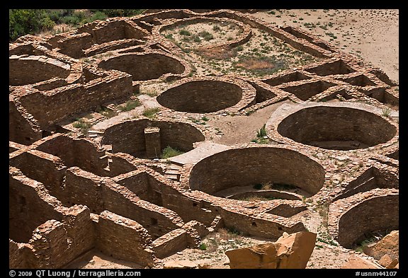 Kivas and rooms of Pueblo Bonito seen from above. Chaco Culture National Historic Park, New Mexico, USA (color)