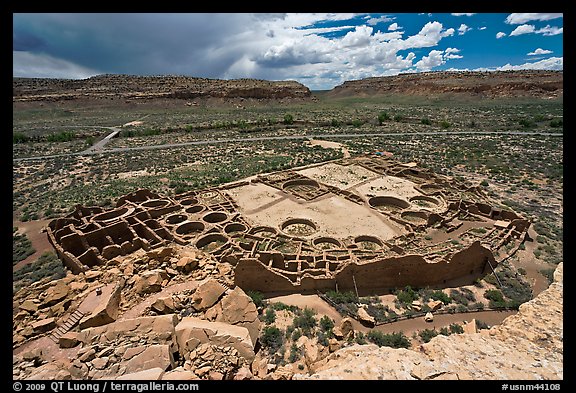 Ancient pueblo complex layout seen from above. Chaco Culture National Historic Park, New Mexico, USA