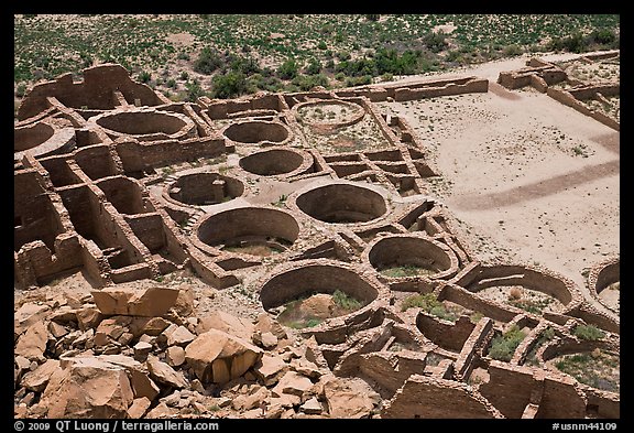 Rooms, kivas, and plaza from above  Pueblo Bonito. Chaco Culture National Historic Park, New Mexico, USA (color)