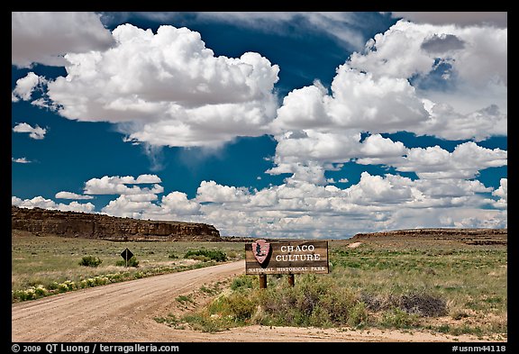 Sign and road at the entrance. Chaco Culture National Historic Park, New Mexico, USA (color)