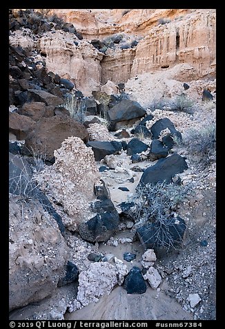 Volcanic rocks and colorful Kilbourne Hole crater walls. Organ Mountains Desert Peaks National Monument, New Mexico, USA