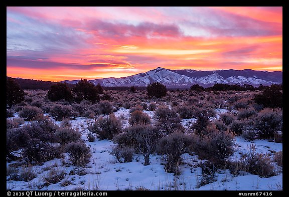 Sangre de Cristo Mountains from Wild Rivers Area, winter sunrise. Rio Grande Del Norte National Monument, New Mexico, USA (color)