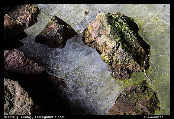 Detail of ice and rocks, Bandera Ice Cave. El Malpais National Monument, New Mexico, USA (color)