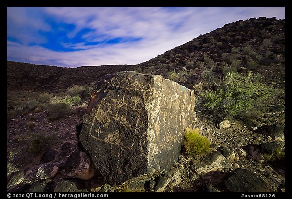 Large rock covered with petroglyphs on both sides, Petroglyph National Monument. New Mexico, USA (color)