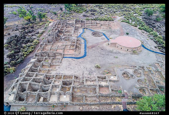 Aerial View of Puebloan-built ruins and reconstructed Great Kiva. Aztek Ruins National Monument, New Mexico, USA (color)