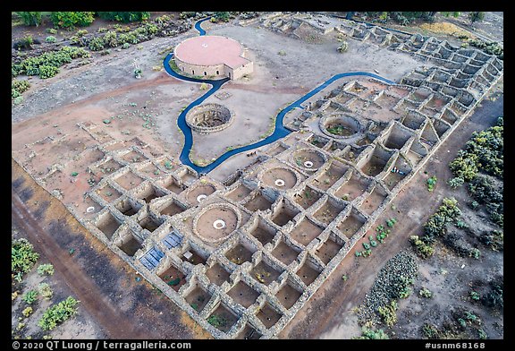 Aerial View of West Ruin and restored Great Kiva. Aztek Ruins National Monument, New Mexico, USA (color)