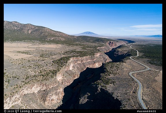 Aerial view of Rio Grande Gorge and road. Rio Grande Del Norte National Monument, New Mexico, USA