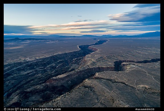 Aerial view of convergence of Rio Grande Gorge and Rio Pueblo de Taos. Rio Grande Del Norte National Monument, New Mexico, USA (color)