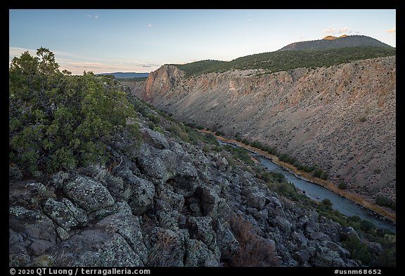 Rio Grande Gorge and Cerro Chiflo at dawn from Sheep Crossing. Rio Grande Del Norte National Monument, New Mexico, USA (color)