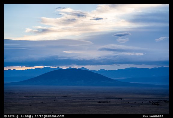 Ute Mountain, Taos Plateau, and Sangre de Cristo Mountains. Rio Grande Del Norte National Monument, New Mexico, USA (color)