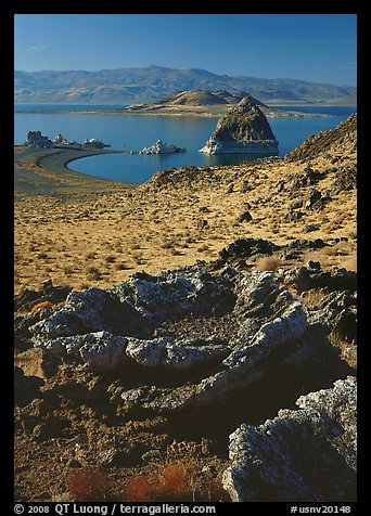 Tufa rock and pyramid. Pyramid Lake, Nevada, USA (color)