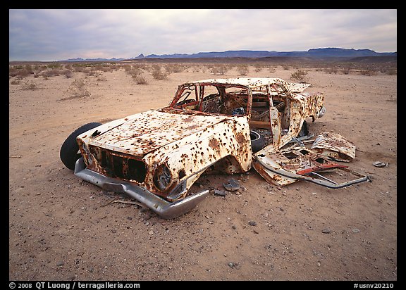 Car wreck used as a shooting target. Nevada, USA (color)