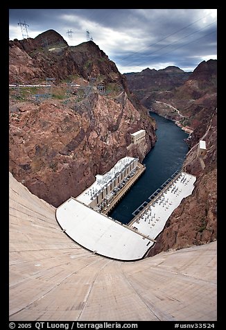 Power plant and Black Canyon seen from top of dam. Hoover Dam, Nevada and Arizona