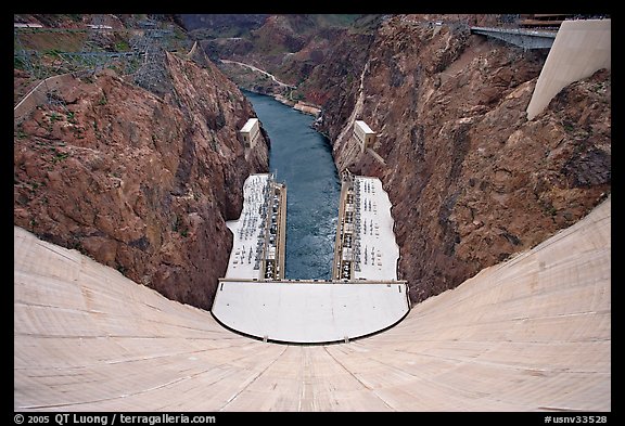 View from above of wall and power plant. Hoover Dam, Nevada and Arizona (color)