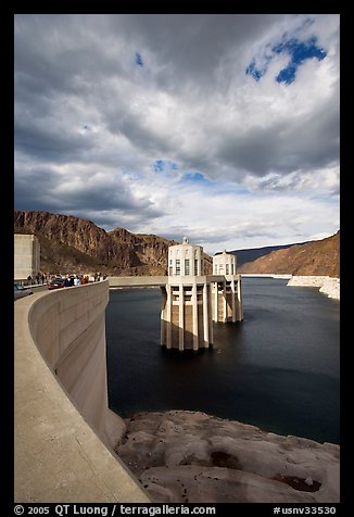 Dam and intake towers. Hoover Dam, Nevada and Arizona