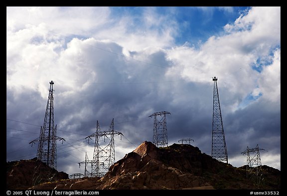 High-voltate transmission lines and clouds. Hoover Dam, Nevada and Arizona (color)