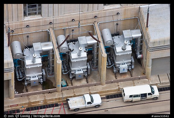 Transformers on  ramp outside the power plant. Hoover Dam, Nevada and Arizona (color)