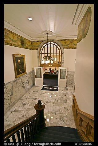 Office of the governor seen from staircase inside Nevada State Capitol. Carson City, Nevada, USA
