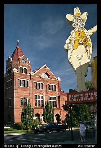 Giant Cactus Jack sign and brick building. Carson City, Nevada, USA