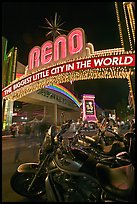 Motorbikes and neon sign at night. Reno, Nevada, USA (color)