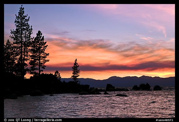 Shoreline with pine trees and rocks, Sand Harbor, East Shore, Lake Tahoe, Nevada. USA (color)