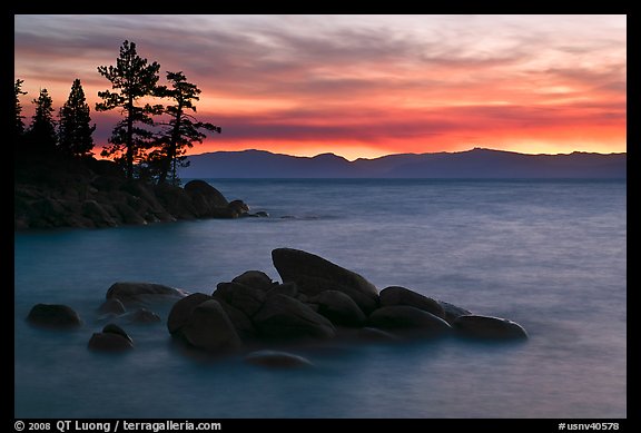 Rocks and trees, sunset, Sand Harbor, East Shore, Lake Tahoe, Nevada. USA (color)