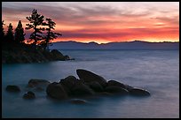 Rocks and trees, sunset, Sand Harbor, East Shore, Lake Tahoe, Nevada. USA
