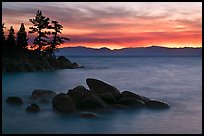 Rocks and trees, sunset, Sand Harbor, East Shore, Lake Tahoe, Nevada. USA (color)