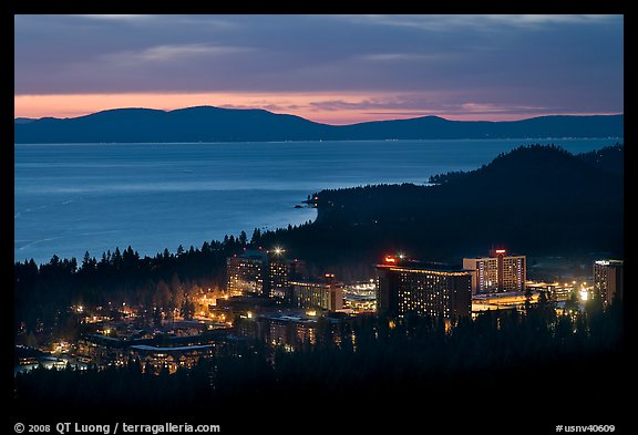 Stateline casinos and Lake Tahoe at dusk, Nevada. USA (color)