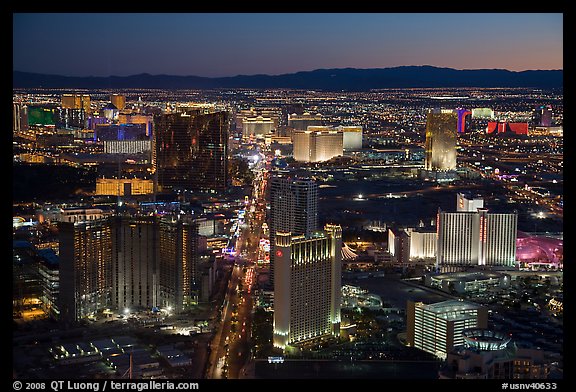 Las Vegas Strip lights seen from above at sunset. Las Vegas, Nevada, USA (color)